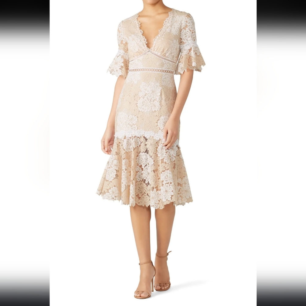 Saylor Maggy Nude Lace V-Neck Midi Dress Women's Medium EUC